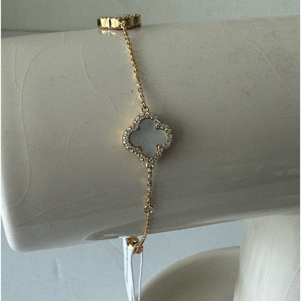 Rachel Zoe Gold Plated 925 Ster Silver Revers Bracelet Pave 3 Clover Moth OPearl - Picture 2 of 15
